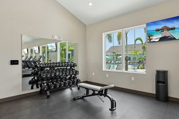 A gym with a row of dumbbells and a bench at The Junction at Rockledge Apartments, Florida